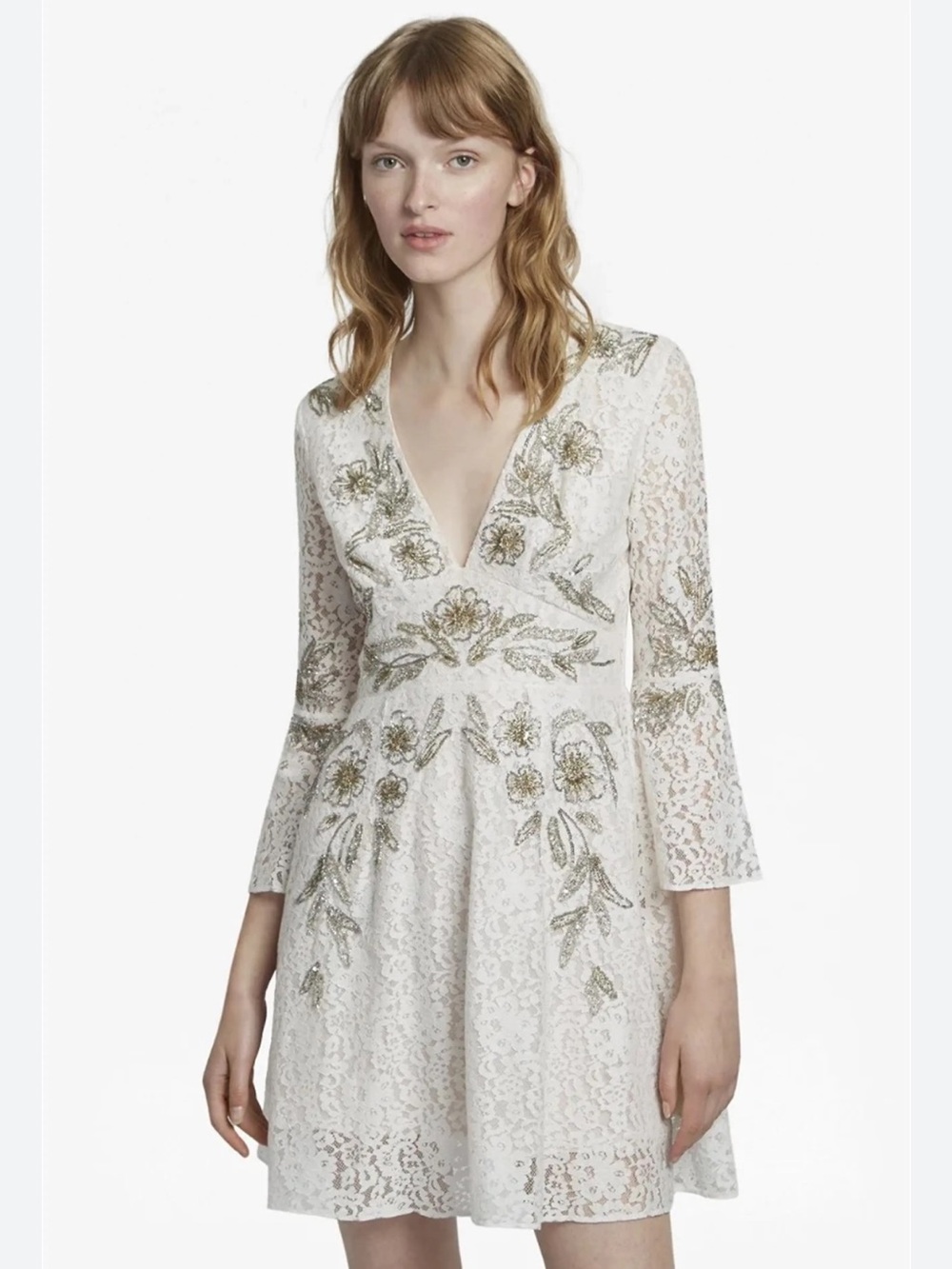 French Connection Esme Shimmer Beaded Lace Dress White Floral Size 10